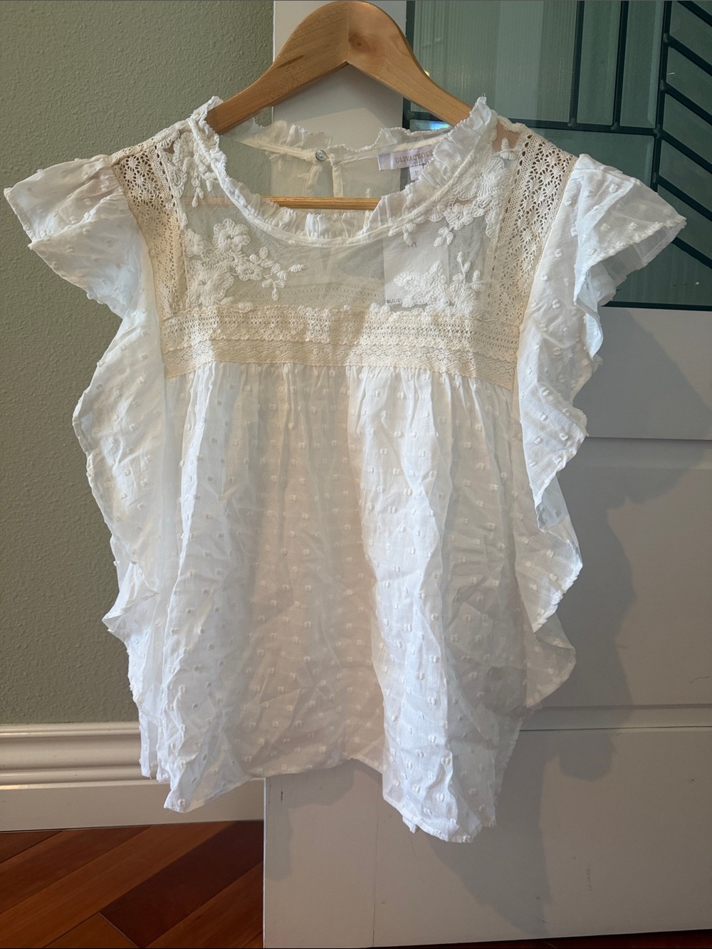 Olivaceous White Eyelet Lace Flutter Sleeve Blouse